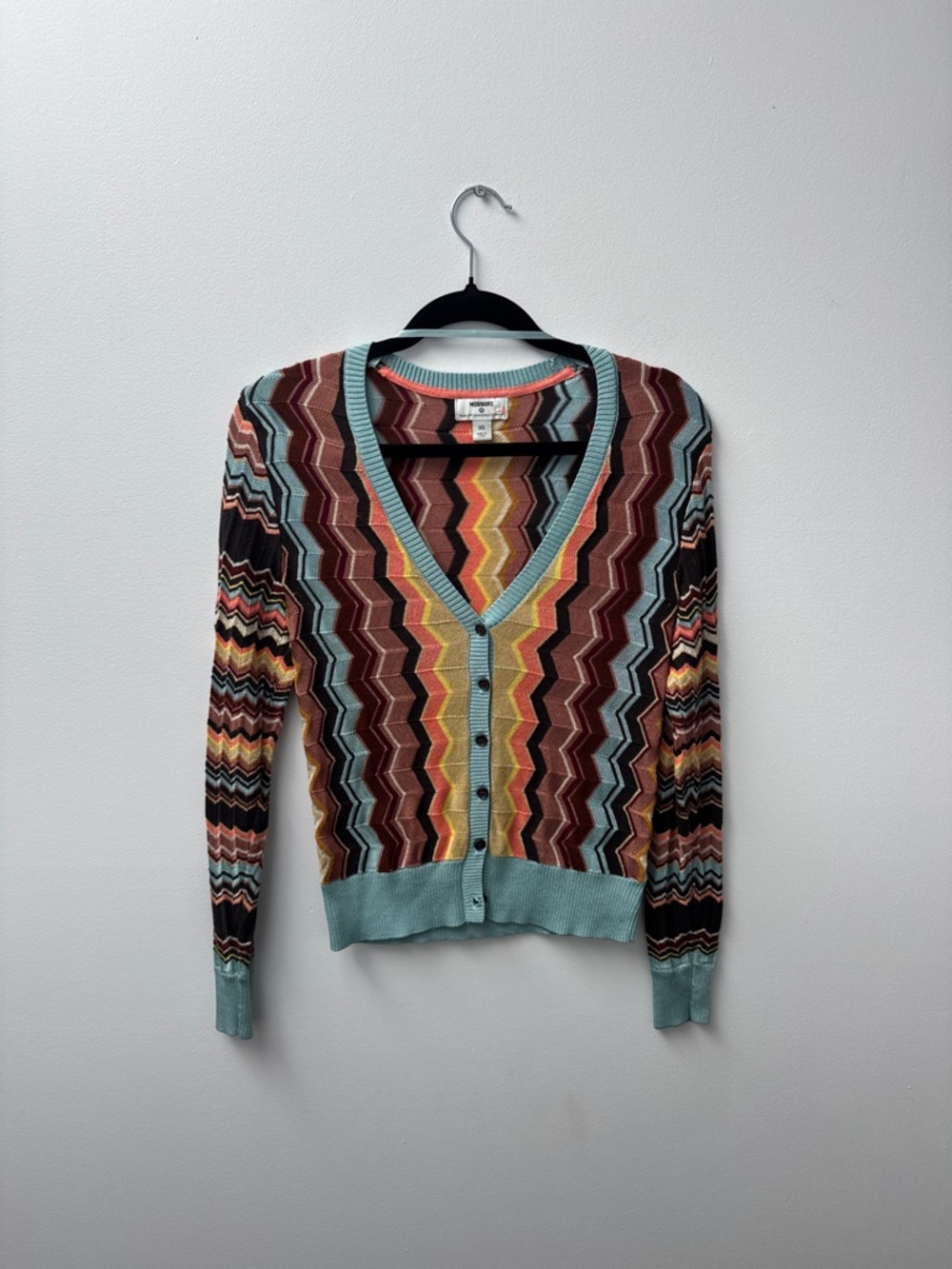 Missoni Multicolor Zigzag Cardigan with Aqua Trim